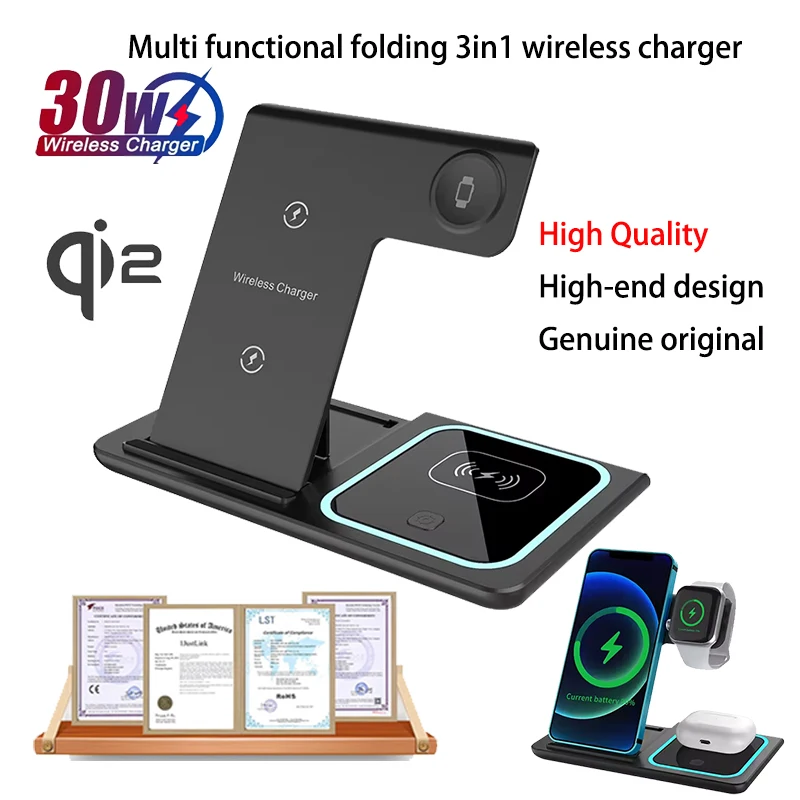 

Лидер продаж, беспроводное зарядное устройство 3-в-1 30 Вт для QI2, подставка для быстрой магнитной зарядки, держатель для iPhone, Samsung, Xiaomi, Huawei OPPO