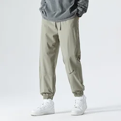 Men's Clothing Solid High Waist Pockets Drawstring Bandage Elastic Sweatpants Cargo Trousers England Style Vintage Punk Pants