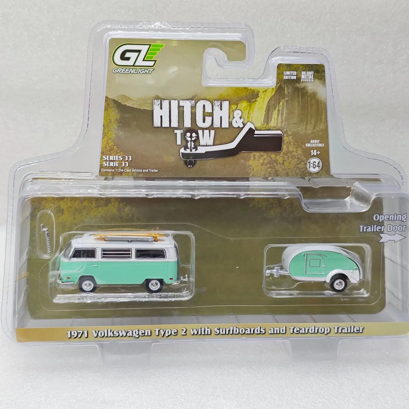 GreenLight 1:64 1971 Type2 with surfboard and Teardrop trailer 32330-B Alloy car mini model displays children's toys