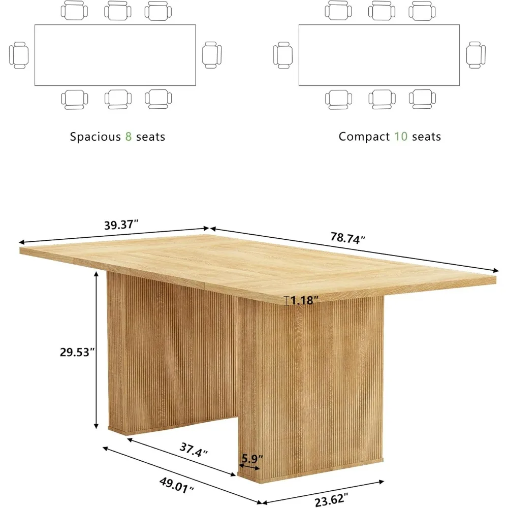 78 Inch Rectangular Dining Table for 6 to 10, Farmhouse Fluted Dining Kitchen Table, Modern Wood Long Dining Table