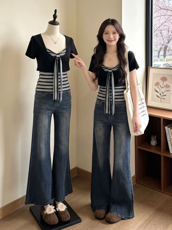 

Sweet And Spicy Short Sleeve T-Shirt Women's Fashion Summer New Striped Square Collar Two-Piece Set High Waist Knot