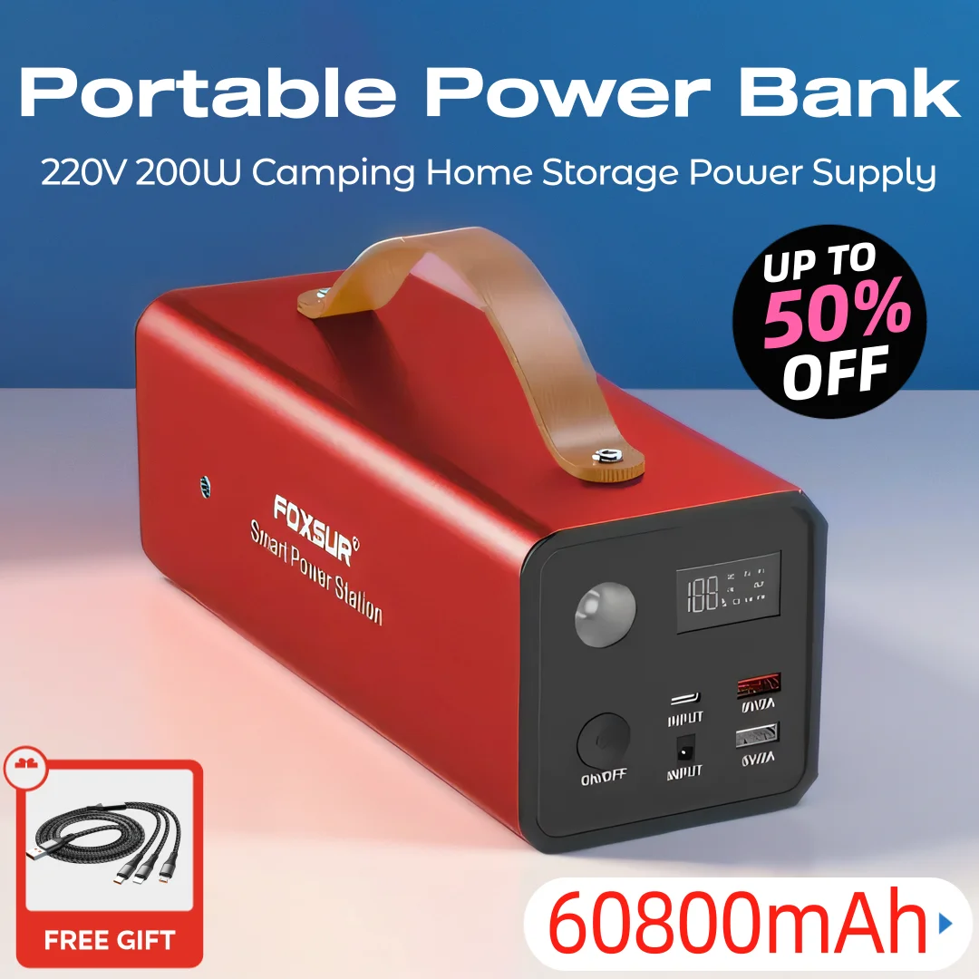 60800mAh Portable Power Station 220V Camping Battery Solar Emergency Generator Power Bank for Self-driving Night Market Stall