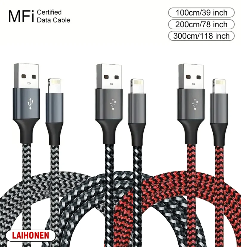 LAIHONEN 1M 2M 3M USB A zu Lightning MFi-zertifiziertes Kabel für iPhone 14 13 12 11 X XR Pro Max Schnellladekabel Ladegerät Datenkabel 7