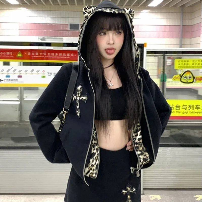 Leopard Printed Retro Streetwear Suits Fake Two Zipper Hoodies Black Mini Skirts 2 Piece Sets Spliced Harajuku Jackets For Women