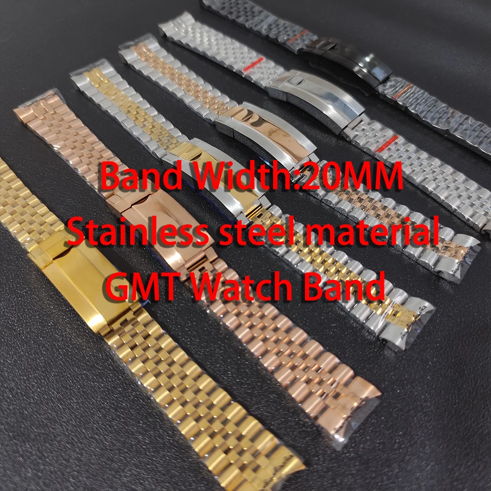 

20mm For GMT Black/Silver/Gold/Rose Gold Stainless Steel Watch Strap Sliding Lock Buckle Men Women Watches Band Accessory