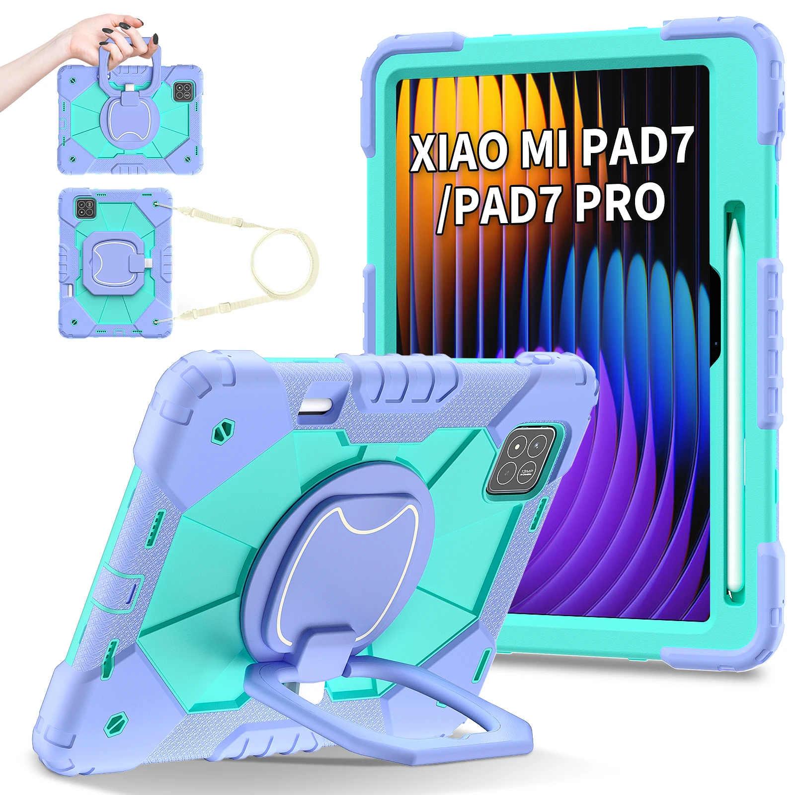 

For Redmi Pad Pro 12.1 SE 8.7 Xiaomi Pad 7 Pro 11.2 2024 360 Rotating Heavy Armor Rugged Tablet Case Silicone Shockproof Cover