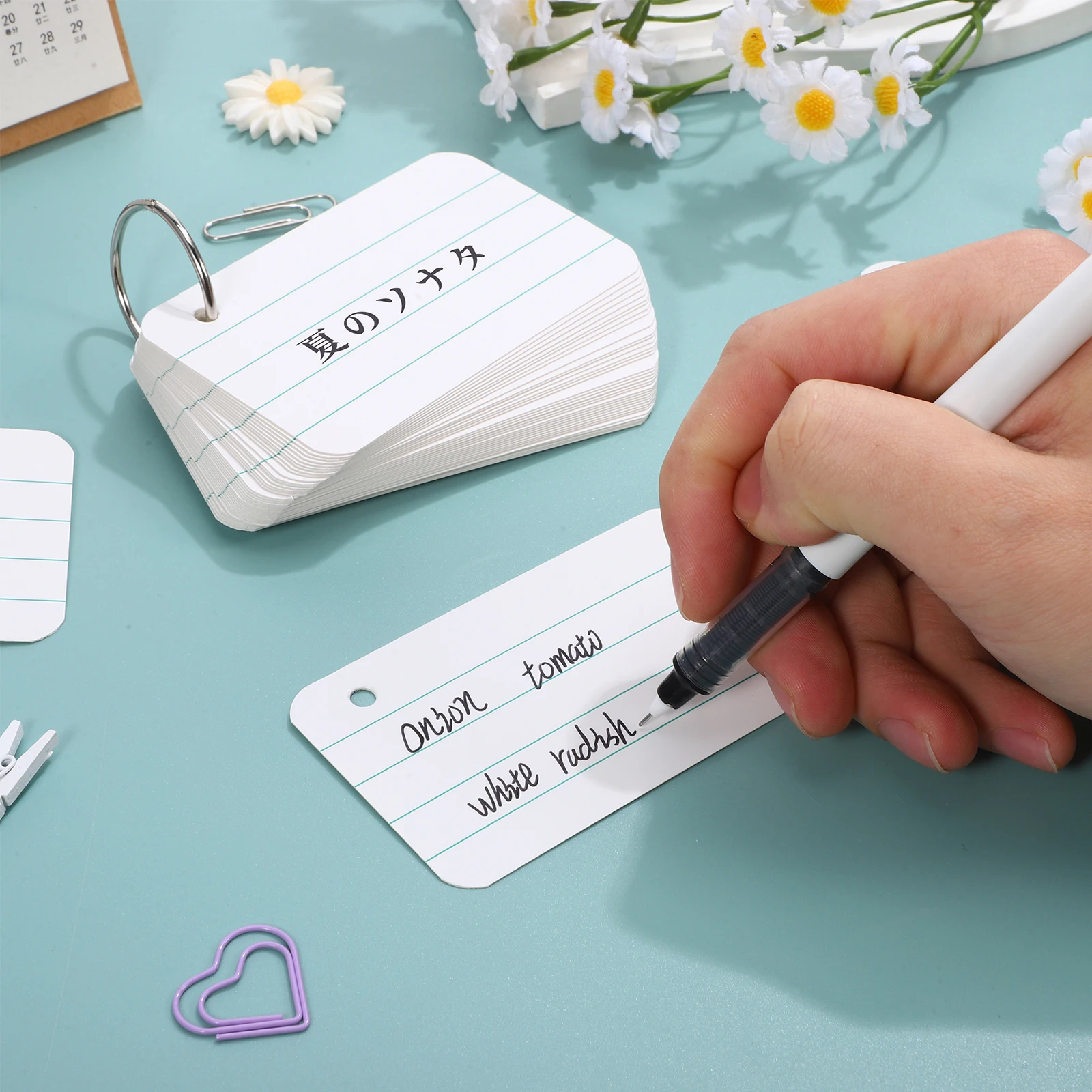 

50 Blank Vocabulary Cards for Word Memory Note Index Paper DIY Learning Flashcards with Book Ring Portable Size