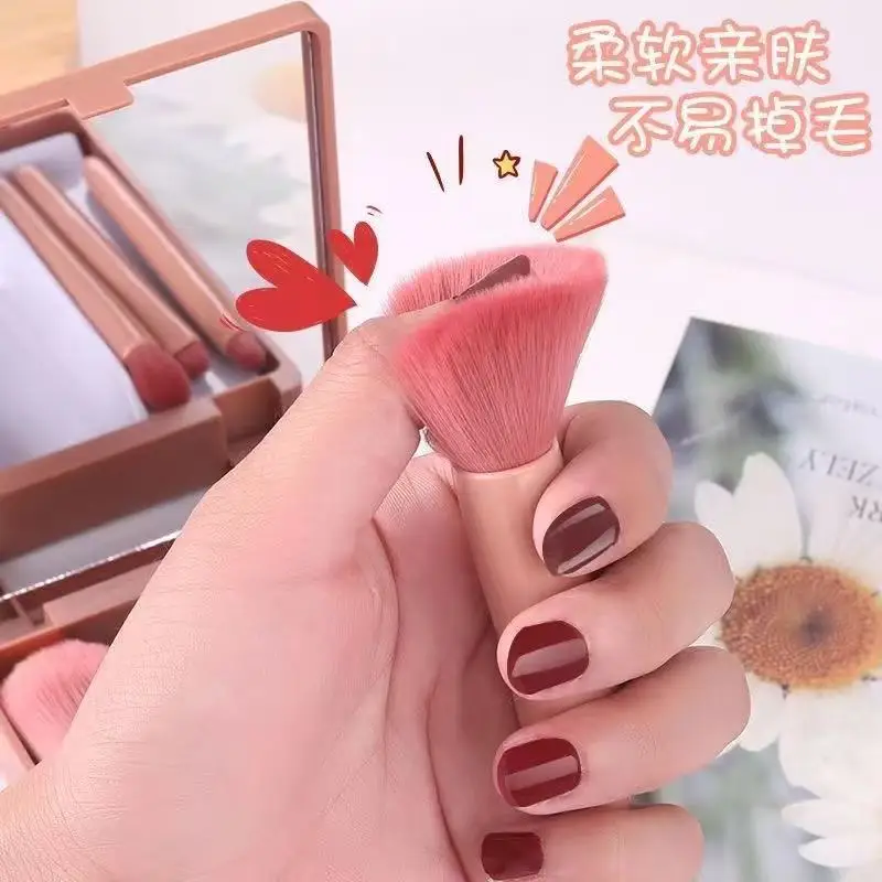 Makeup Brush Mini with Mirror Multifunctional Loose Powder Brush Blush Foundation Eyeshadow Brush