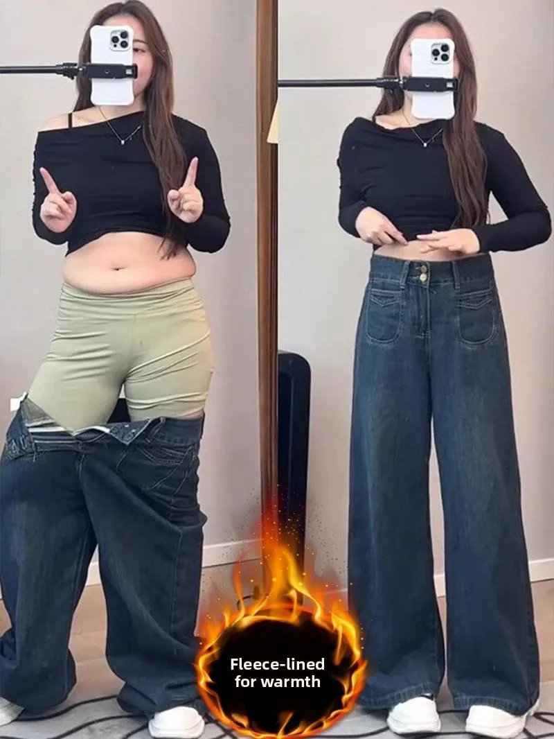 

Thickened Fleece Lined High Waist Straight Leg Vintage American Denim Jeans Women Autumn Winter plus Size Loose Wide Leg Trou...
