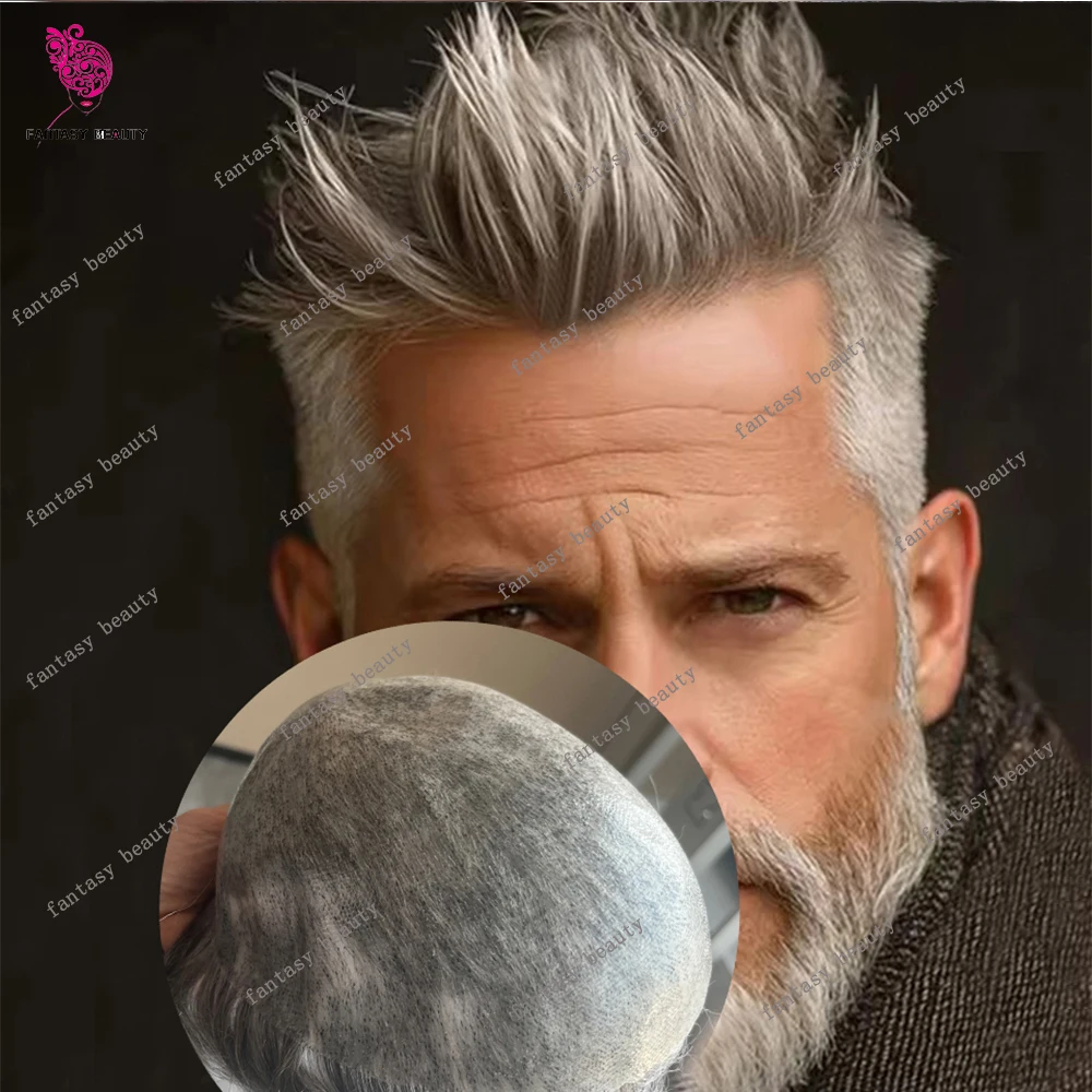 

Мужской парик (накладка) из 100% натуральных волос, коричнево-серый # 4 # 1b50 # 1b80 Светлые натуральные волосы с естественной линией роста, долговечные, 0.1 мм, полиуретановая силиконовая основа, замена