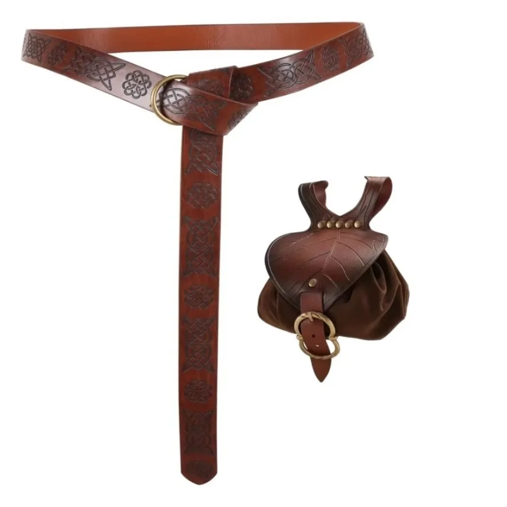with Drawstring Pouch Medieval Belt Pouch Embossed Renaissance Waist Bag Belts Faux Leather Viking Waist Pack Set