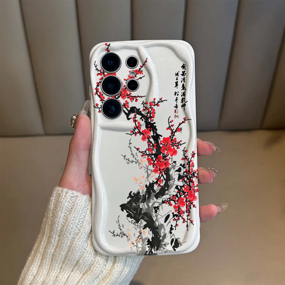 Ink Plum Blossom Print Phone Case For Samsung Galaxy S26 S25 S24 S23 S22 S21 S20 Ultra Plus FE 5G Soft Wave Oil Cover