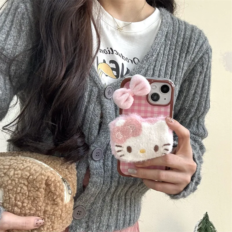 Sanrio Hello Kitty Plush Bow Kawaii Phone Case For Iphone 16 15 14 13 Promax Y2k Sweet Girl have pendants Phone Protective Cover