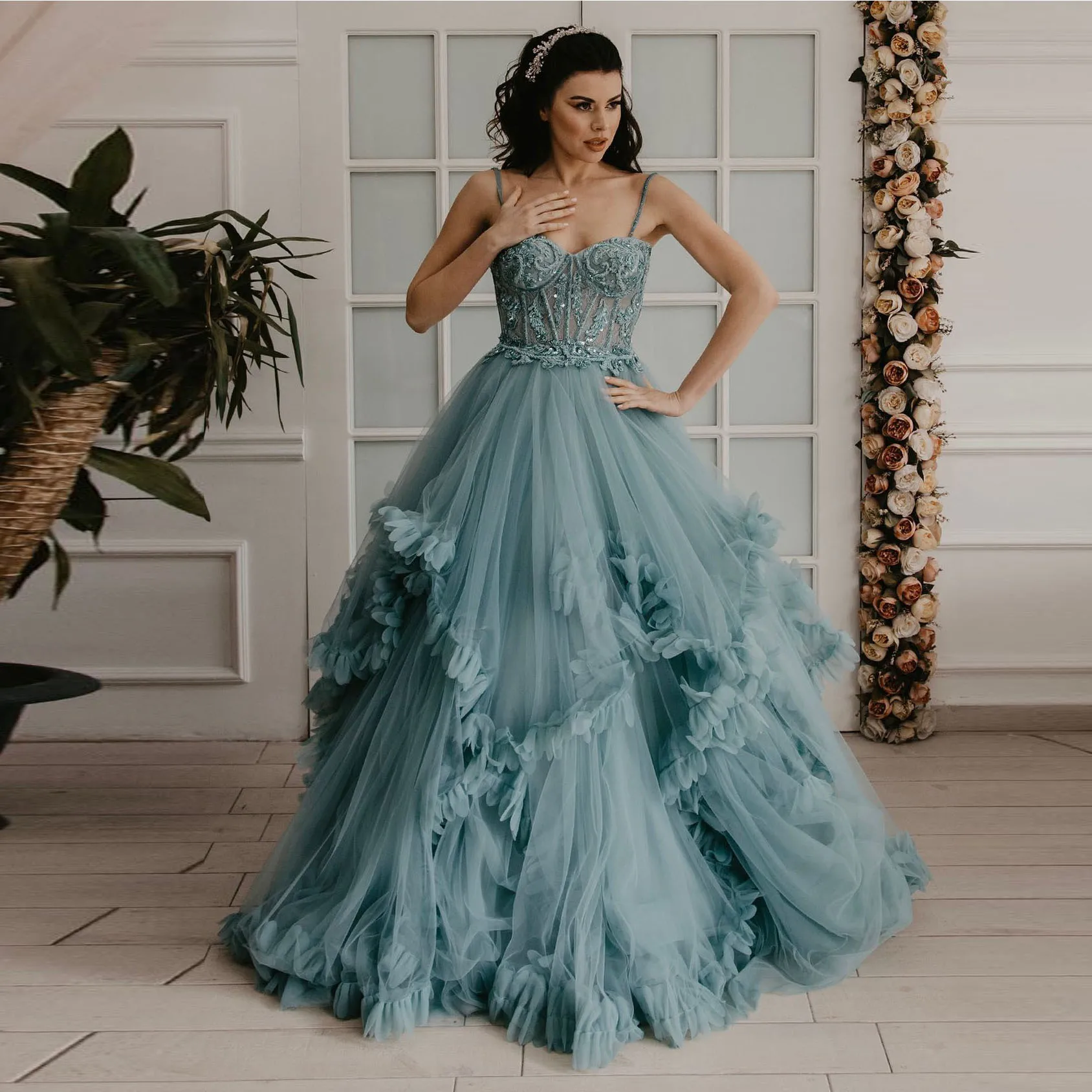 Dreamlike Blue Puff Tutu Tulle Bridal Dresses Delicate Appliques Lace Long Prom Gowns Pretty Women Maxi Dress