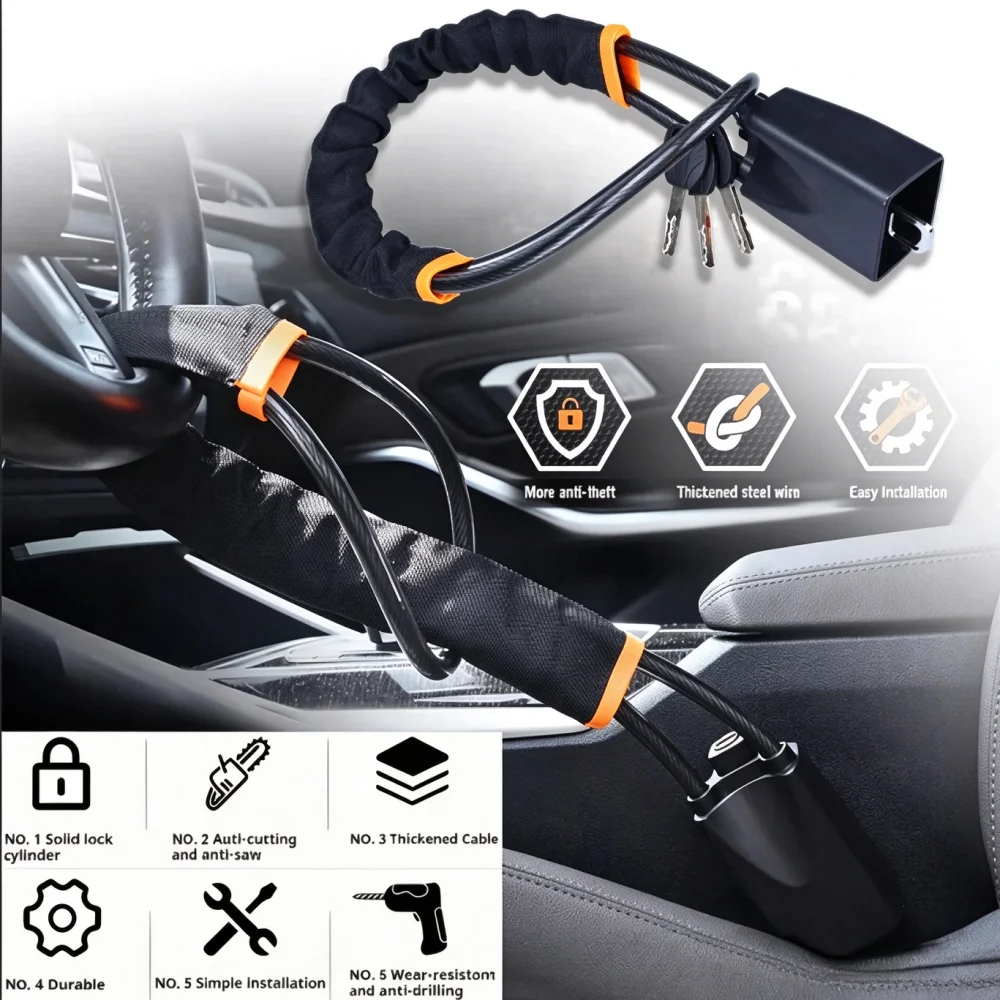 Anti-Theft Car Steering Wheel Lock Security Clip Retractable Steel Cable Vehicle Lock Device for Added Safety