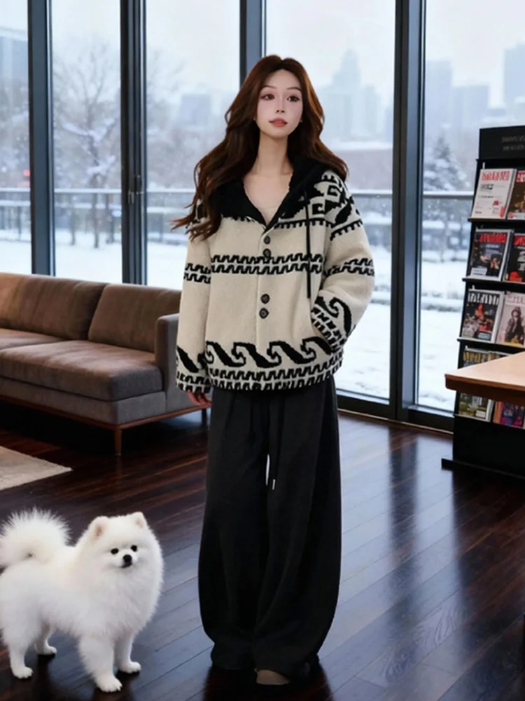 Señoras Thiened Jaet de piel de cordero invierno nuevo suelto adelgazante cálido Top Faionable ropa de algodón con capucha Casual Sle tejido Sw...