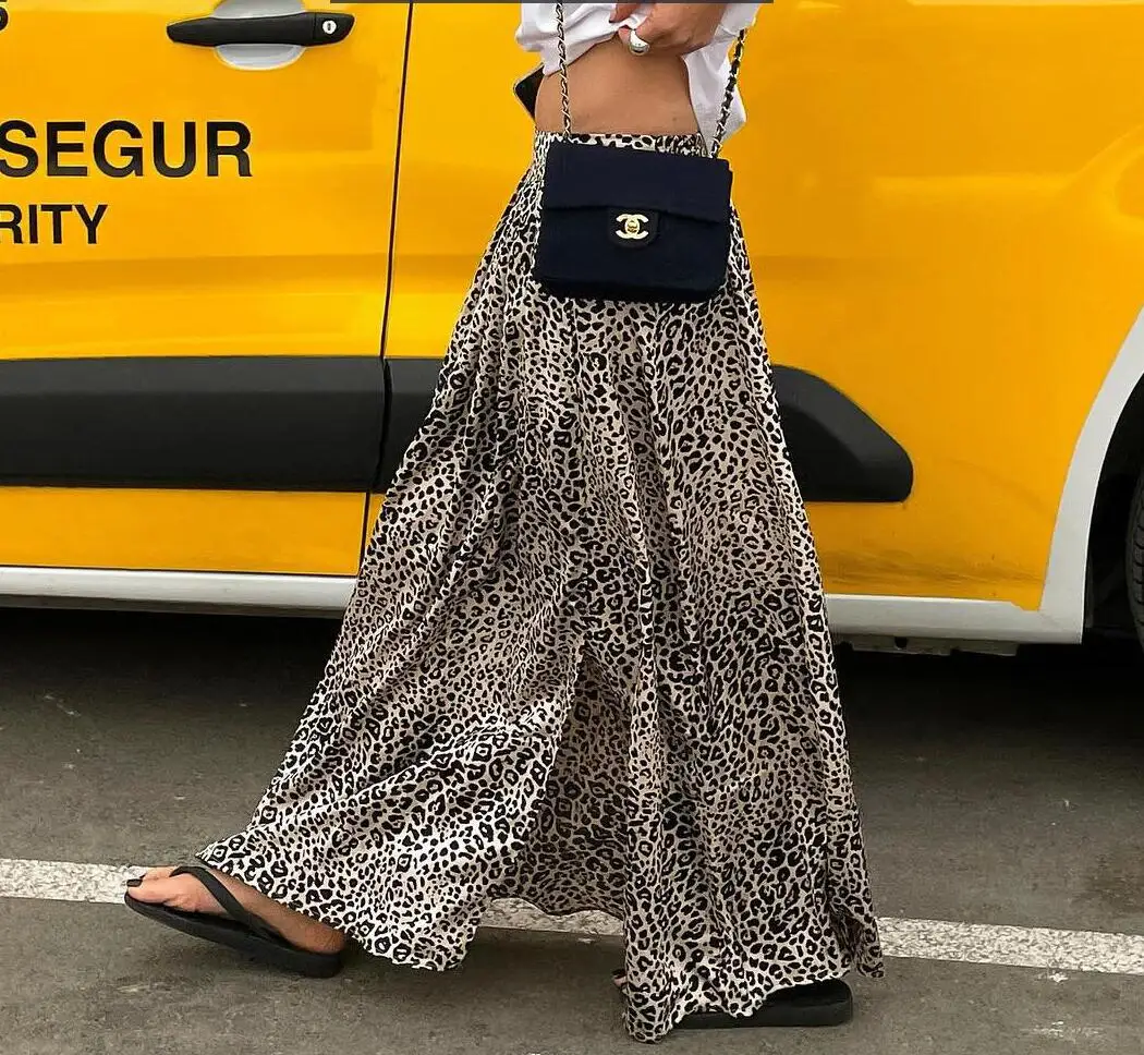 DSMTRC Leopard Maxi Skirt for Women Y2k A-line Draped 2024 Vintage Elastic High Waist Streetwear Split Female Long Skirts Mujer