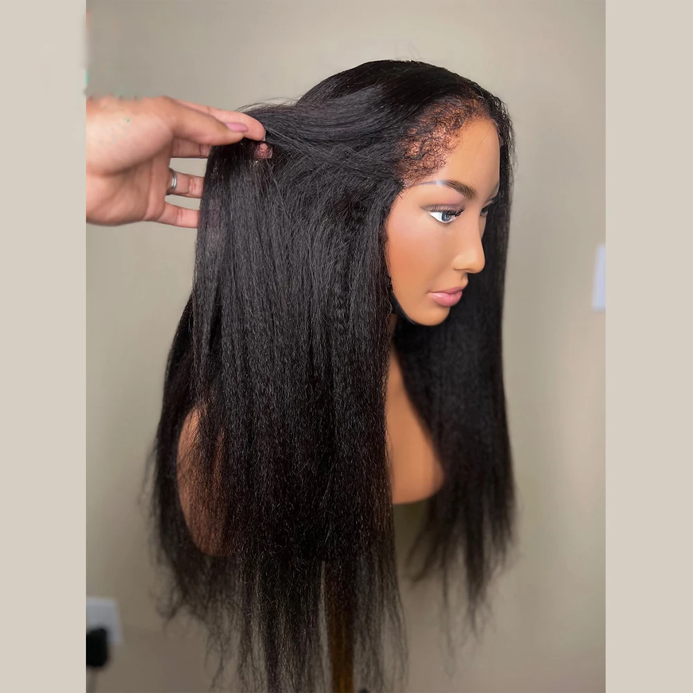 Soft Long 26Inch Yaki Kinky Straight Natural Black Lace Front Wig For Black Women Synthetic Preplucked Glueless Baby Hair Daily