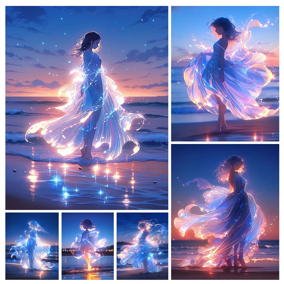 Флуоресцентная Алмазная 5D картина «сделай сам», мультяшная девушка, Пляжная Алмазная мозаика, вышивка крестиком принцессы, строительный Декор