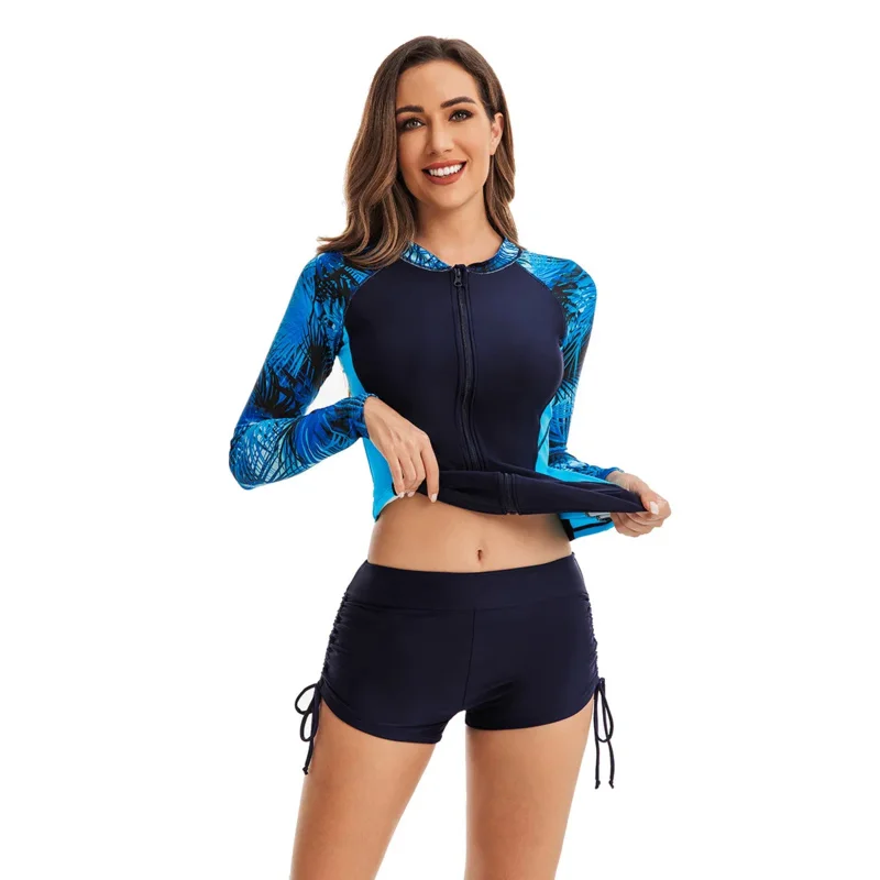 Long Sleeve Two Piece Swimsuit Women Swimwear Sport Rash Guards Tankini Female New Drawstring Surfing Beach Bathing Suit