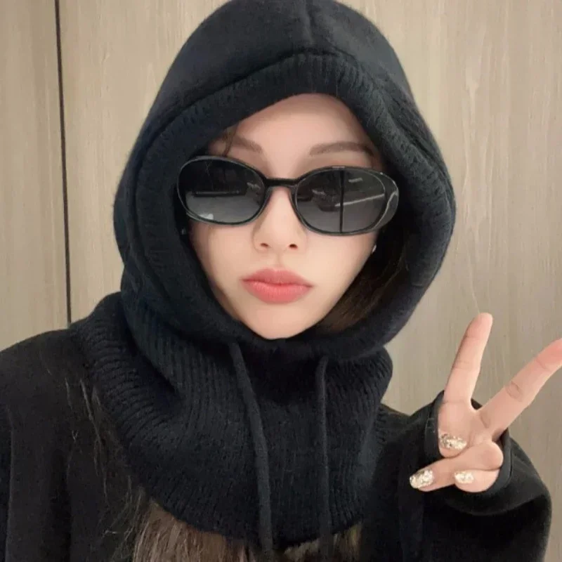 محبوك مقنعين قبعات الشتاء بالاكلافا القبعات النساء الكورية نمط في الهواء الطلق دفئا الرباط القبعات قطعة واحدة طوق الرقبة بيني قبعة