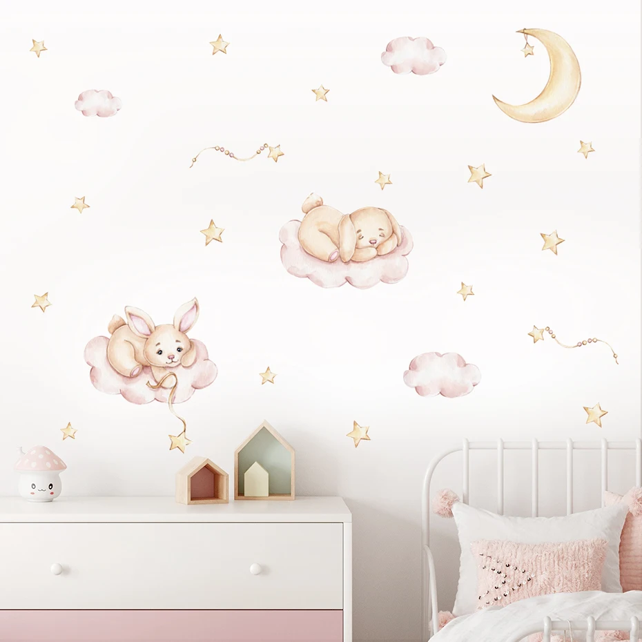 

Cartoon Bunny Moon Clouds Stars Pink Nursery Wall Sticker Watercolor Removable Vinyl Wall Decals Mural Kids Bedroom Home Decor