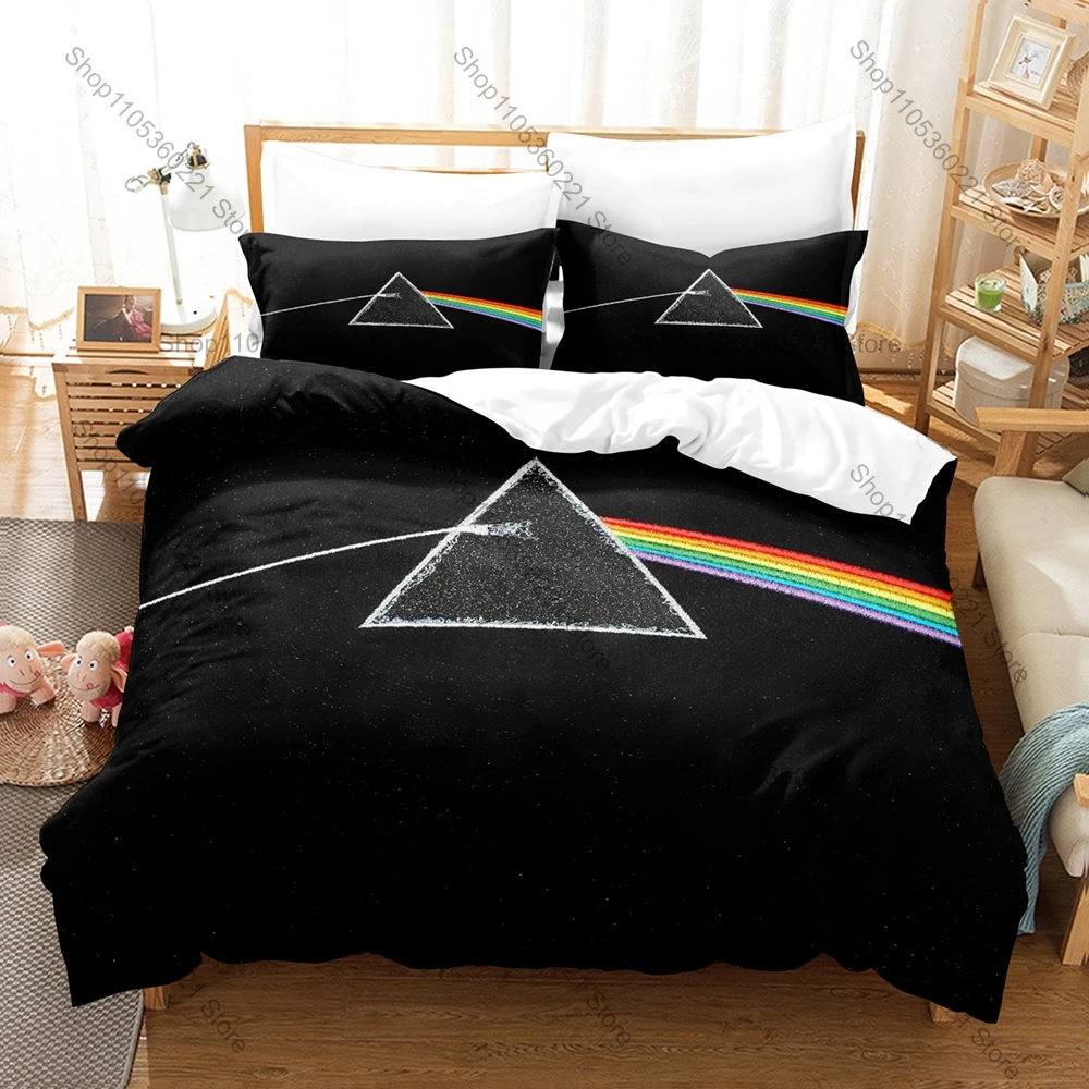 P-Pink Floyd Duvet Cover + 2 Pillowcases Dark Cosmic Nebula Line Art Print Soft Quilt Cover Set British Vintage Rock Themed