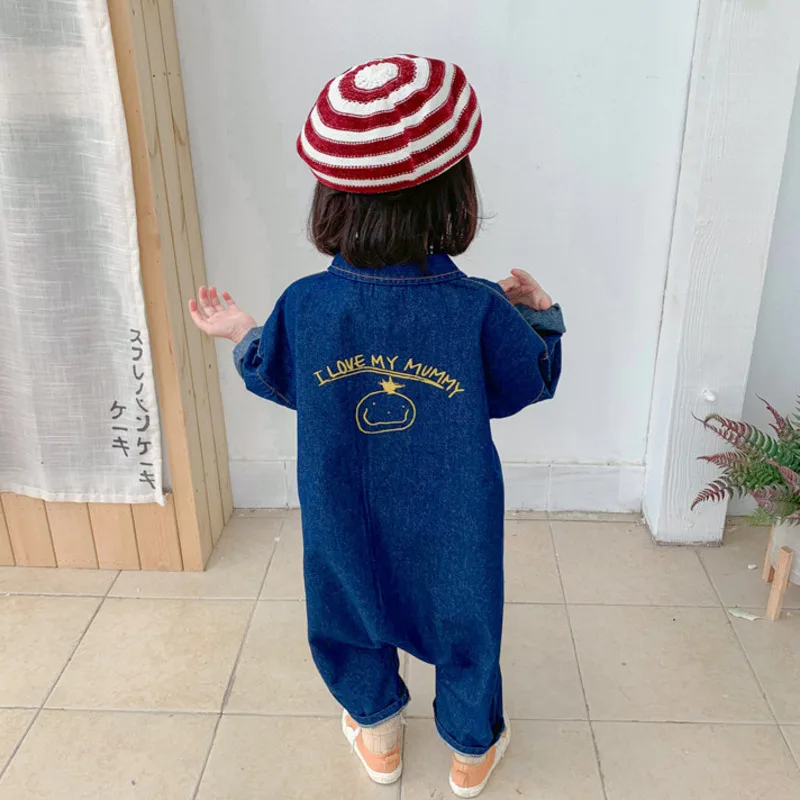 Children Clothing Jumpsuit Autumn New Boys Girls Casual Letter Tooling Denim Baby Kids Clothes Japanes & Korean Style 1-7 Y