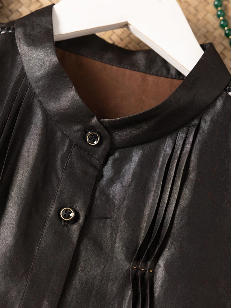 Minimally Designed Black Hollowed Out Shoulder Stand Up Collar 100% Natural Mulberry Silk Fragrant Cloud Yarn Women's Coat