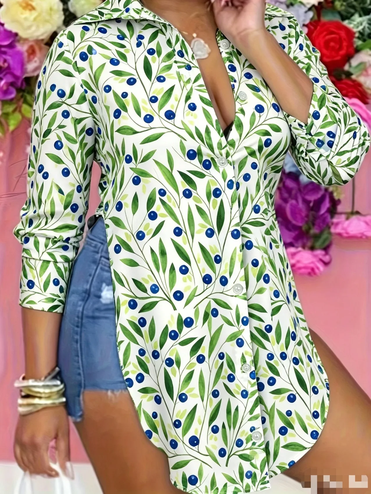 

Plus Size Women's Spring/Autumn New Green Leaf and Blueberry Print Long Sleeve Shirt Open Button Lapel Side Slit Casual Versatil