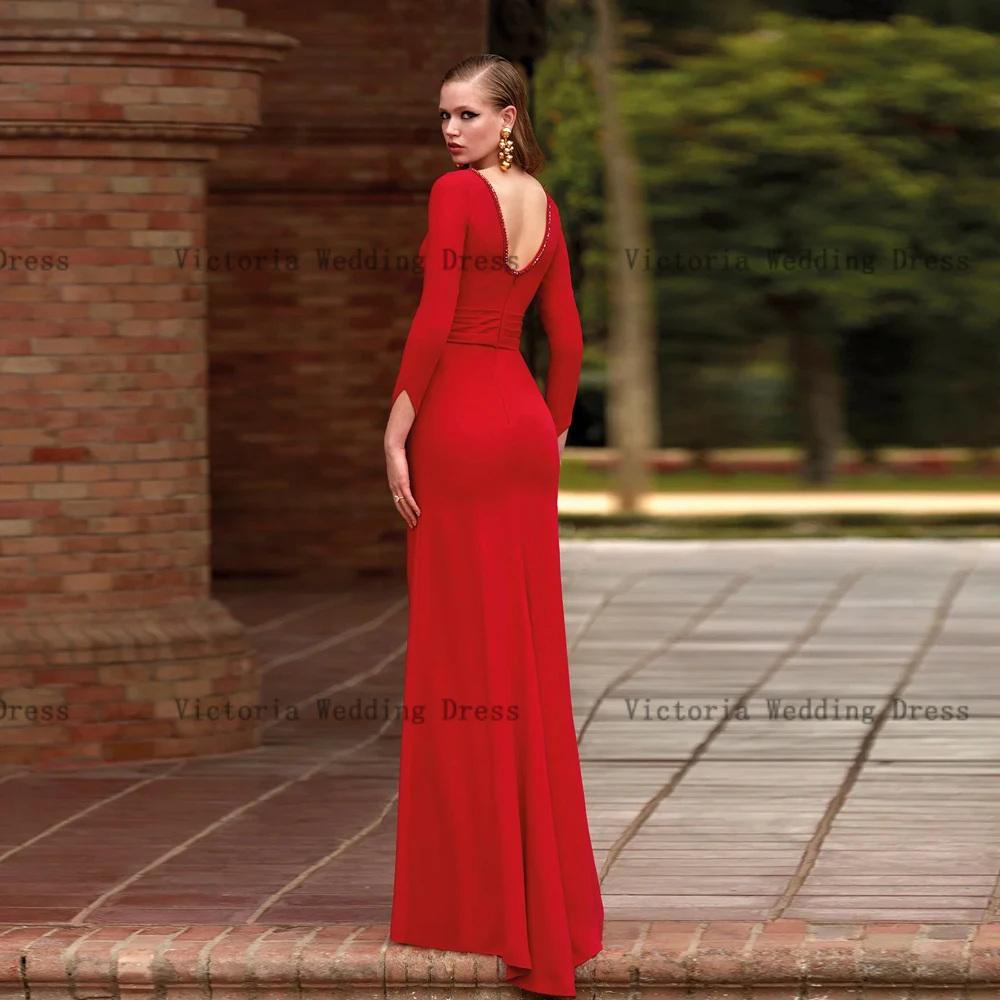 Elegant Red Mermaid Mother of the Bride Dresses Jewel Neck Long Sleeves Wedding Party Gowns Bead Floor-Length 2024 فساتين السهرة