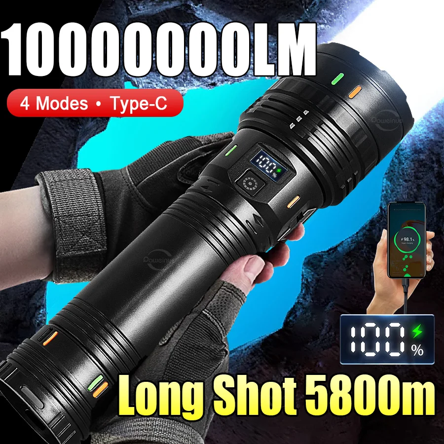 

10000000LM супер яркий светодиодный фонарик перезаряжаемый зум-фонарик дальнего действия 5800 м мощный фонарик для рыбалки и кемпинга