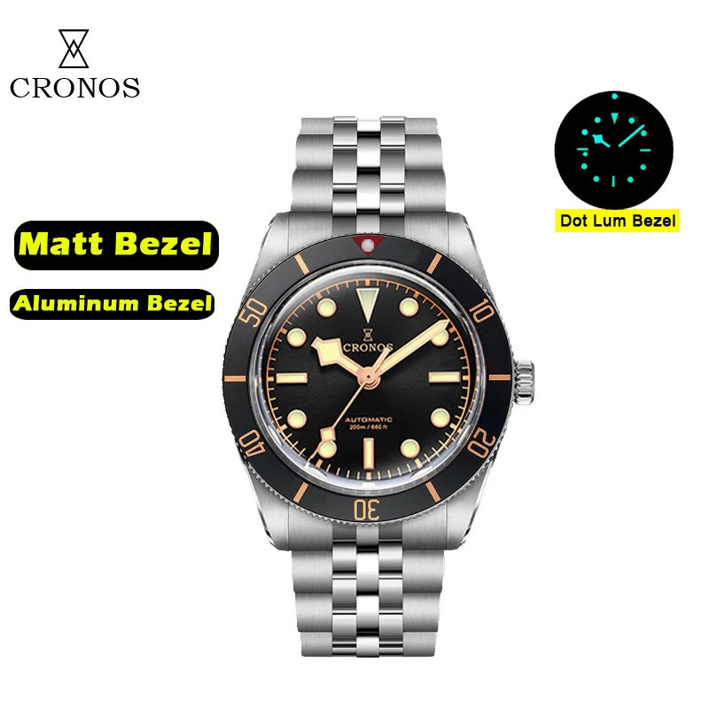 Cronos Luxury Men Watch 37mm Diver BB54 Vintage Automatic Wristwatches PT5000 Matt Aluminium Bezel 5 Links Sapphire 20 Bar L6024