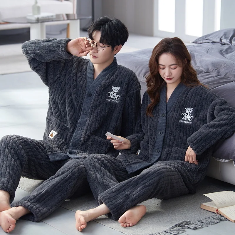 Autumn Winter Thicked Thermal Velvet Pajamas Set for Couple Kawaii Kimono Style Lovers Sleepwear Man Woman Plaid Flannel Pijamas