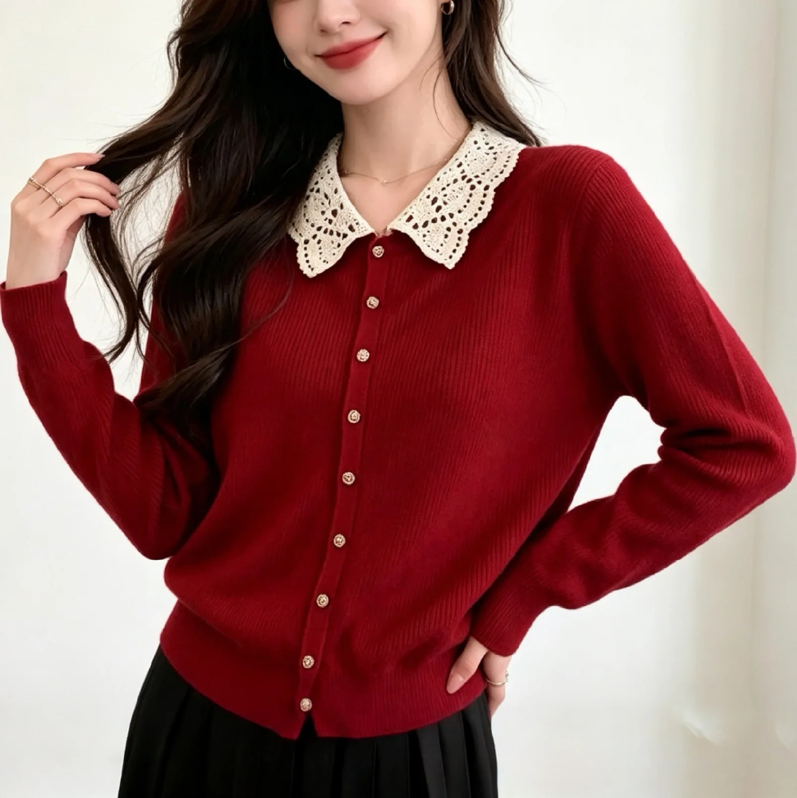 Early Autumn Soft Lace Collar Knitted Open Cardigan Fashionable Base Shirt Top Loose Fit Long Sleeve Pure Color Button Detail