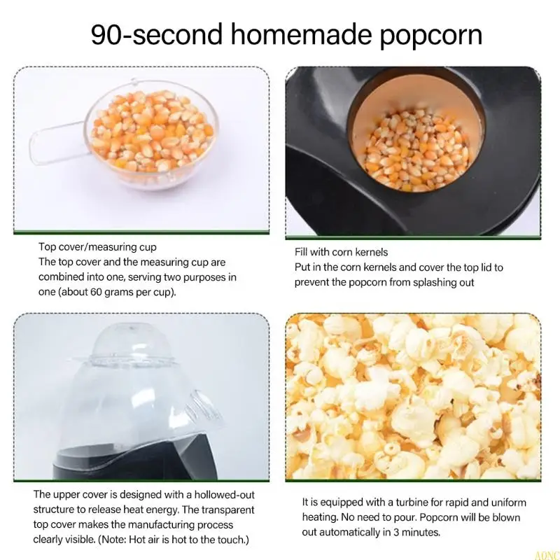 A0NC Hot Air Air Maker Machine 1200W Corn Corn Bopper مع صانع الوجبات الخفيفة لقياس الكأس القابلة للفصل لليالي الأفلام