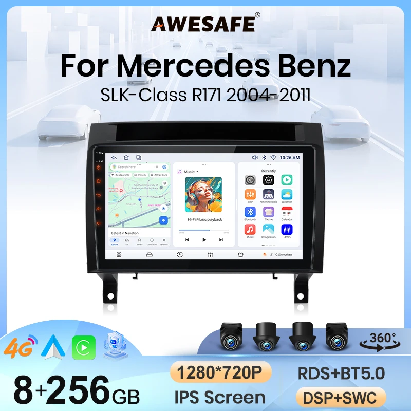 Autoradio sans fil AWESAFE CarPlay Android Auto pour Mercedes-Benz SLK-Class (R171) 2004 2005 2006 2007-2011 2DIN, système multimédia intelligent, écran tactile, lecteur vidéo, autoradio, navigation, Bluetooth, GPS, SWC, 4G, WIFI, RDS, FM, DSP
