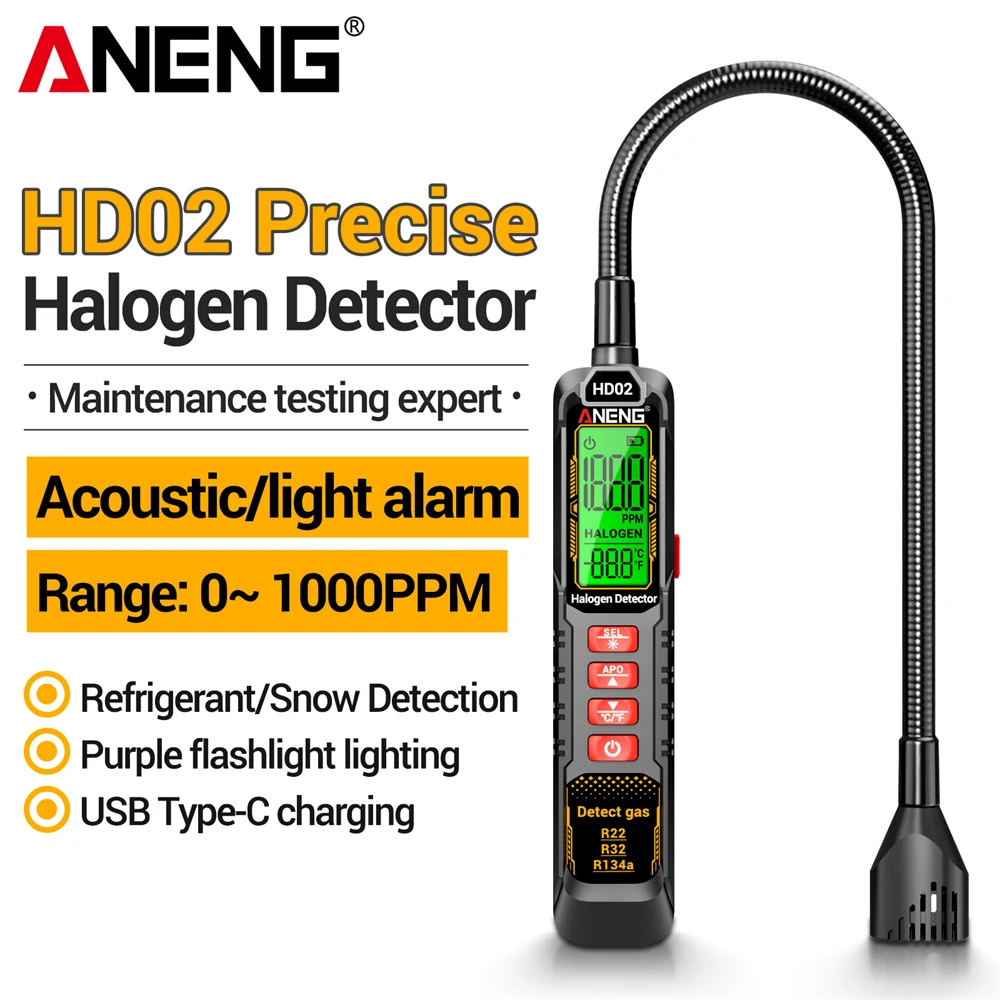 Detektor Kebocoran Gas Halogen Profesional ANENG HD02 0~1000PPM Penguji Refrigeran R22/R32/R134a Layar LCD Alarm Visual dan Suara
