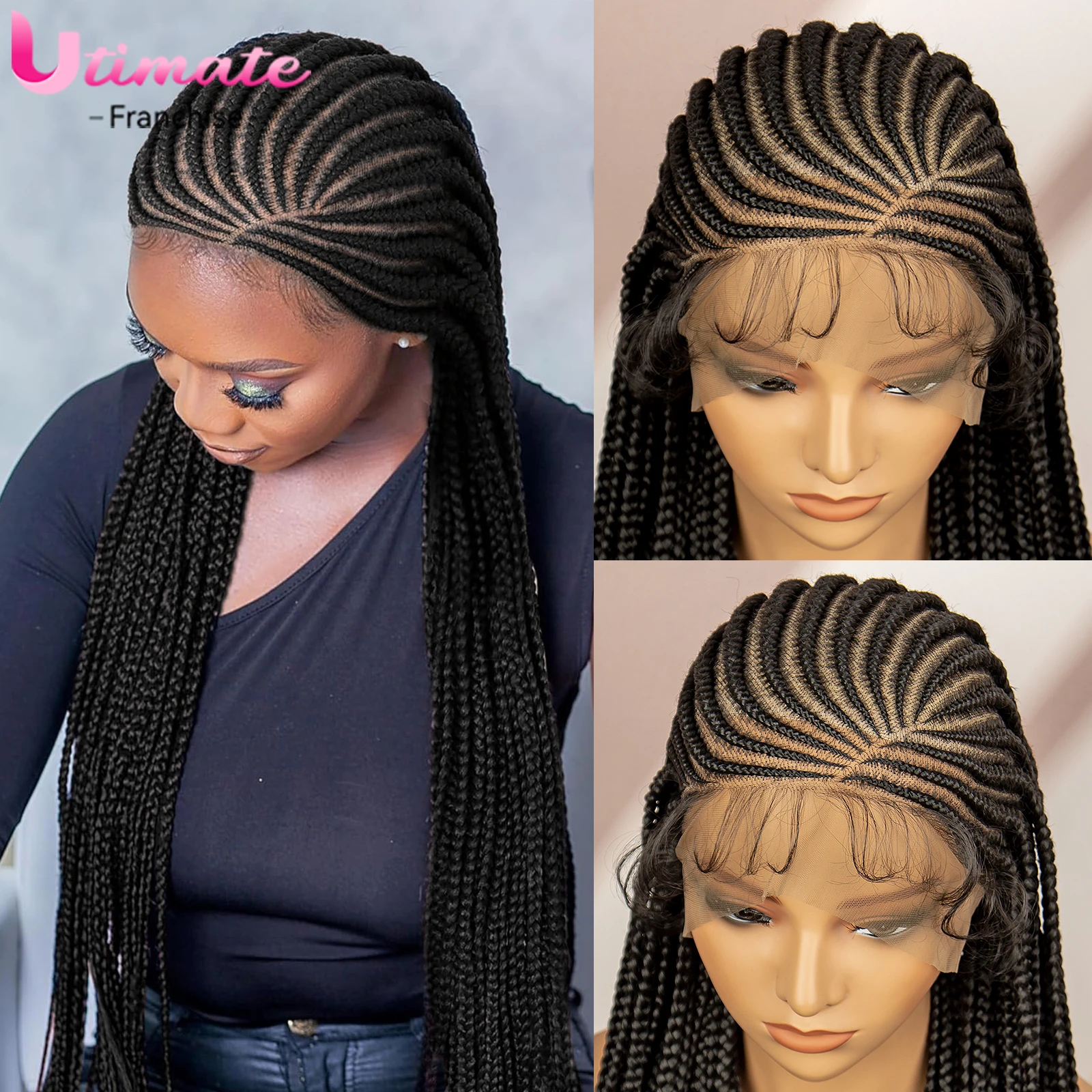 Wig kepang Cornrow renda penuh sintetis kotak wig kepang dewi wig untuk wanita Afrika wig Afro dengan rambut bayi