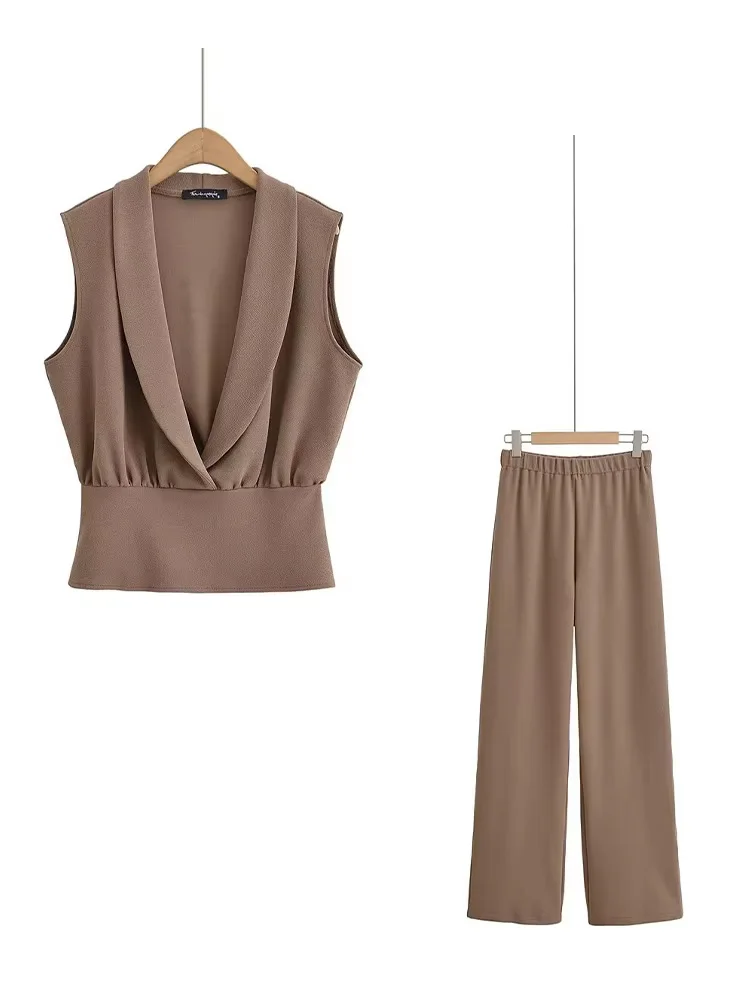 

HH Women Summer Solid 2-Piece Set Chic Cross Collar Sleeveless Top+Simple Loose Texture Elastic Waist Wide-leg Long Pants