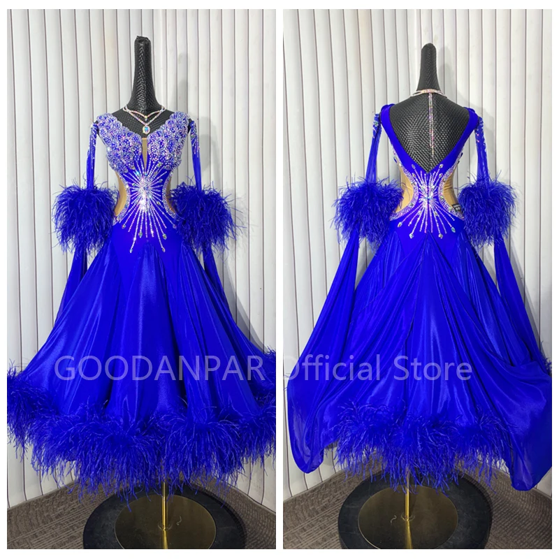 

GOODANPAR, новое стандартное платье для бальных танцев с длинными рукавами, женский костюм для соревнований для девочек, костюм без рукавов из лайкры, вальса, сценический королевский синий цвет