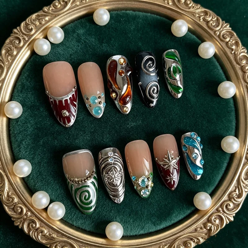 10PCS Handmade False Nails Press on Reusable Adhesive Fake Nails Ripples French Manicure Wearable Woman Finger Tips Customized