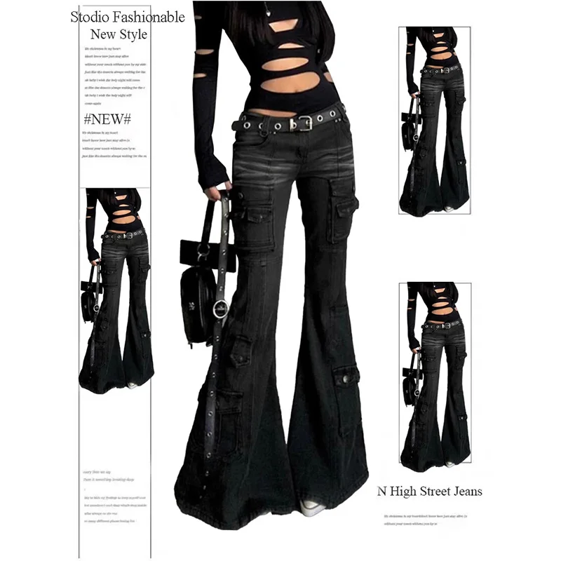 Pantaloni da donna in denim svasato cargo a vita bassa gotico Grunge Dark Academia giapponese Y2k Harajuku Jeans a zampa d'elefante Goblin Core