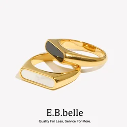 E.B.belle Basic Natural Shell White Black Stripe Gold Ring Fine Polished 18K Gold Plated Stainless Steel Rings For Female
