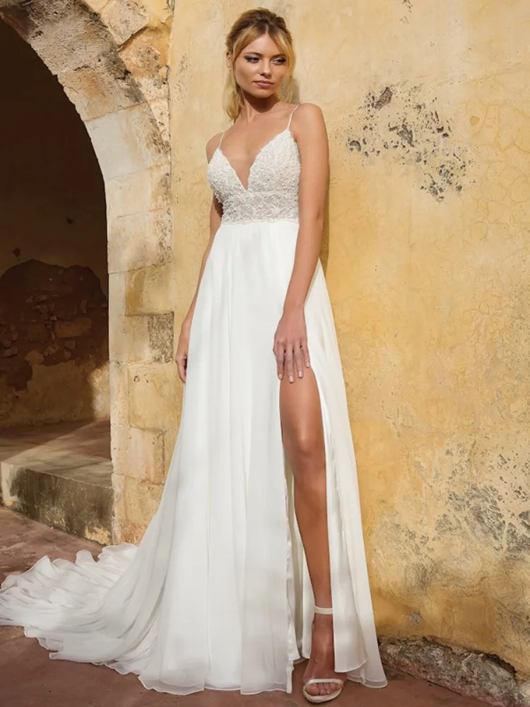 Beach V-Neck Lace Wedding Dresses Appliques Spagheps Straps Sexy Side Slit Backles A-Line Bridal Gown Chiffon Vestido De Noiva