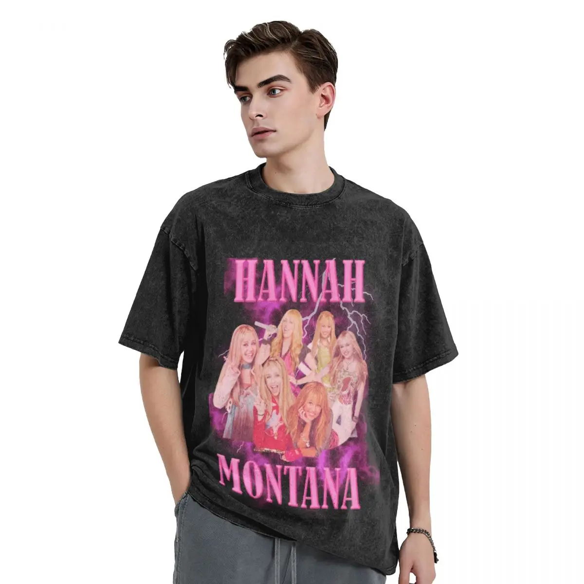 Washed T Shirt Hannah Montana Hip Hop T-Shirts High Street Miley Cyrus Streetwear 100% Cotton Summer Tops Tee Shirt Men Women