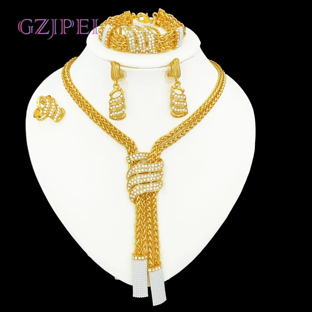 GZJPEI Design Women Jewelry Set 18K Gold Color Charm Necklace Chain Braclete Chic Earring Ring Indian Nigeria Jewellery Gift