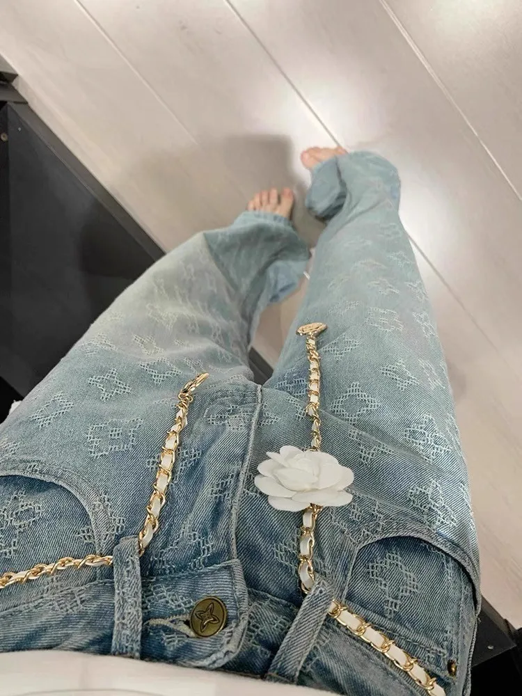 Faionable Jeans in denim ricamati a vita alta Design a gamba dritta da donna Sensation Estate 2025 New Sle Casual hine Emb...