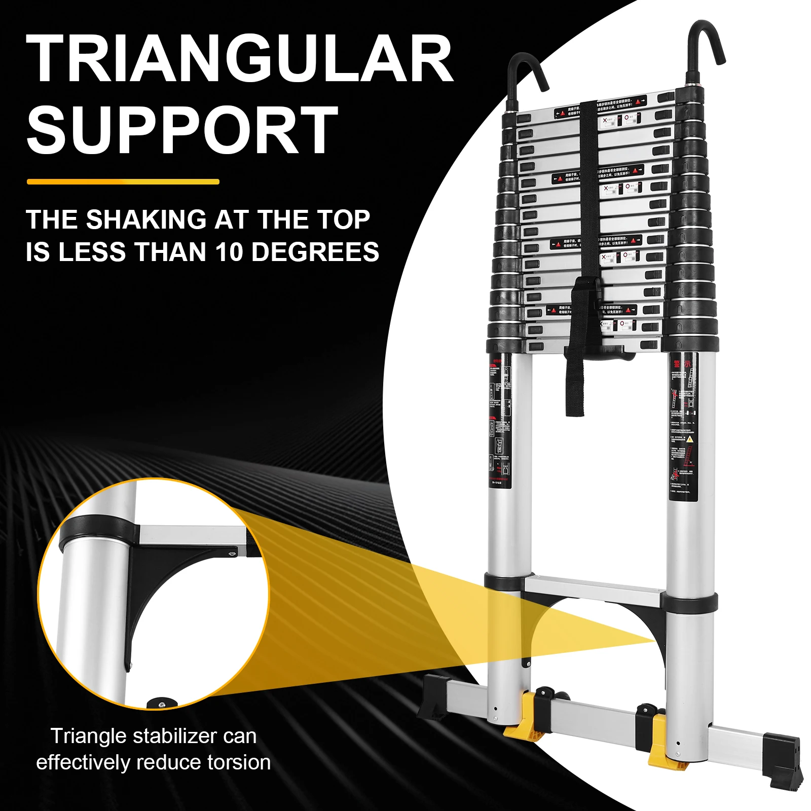 

Aluminum 7.1 Meter Extension Ladder with 2 Triangle Stabilizer Folding Telescoping Step Ladder for Home RV Roof and Outdoor Work