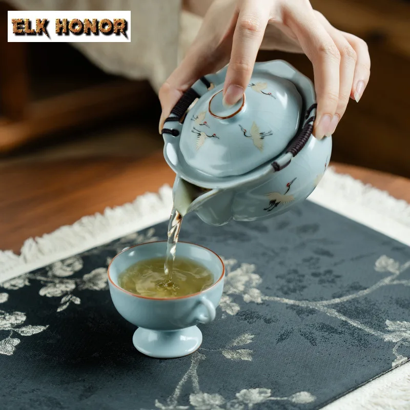 200ml Ru Kiln Hand Painted Crane Hand Grab Teapot Handmade Tea Infuser Pot Tea Brewing Kettle With Strainer Tableware Craft
